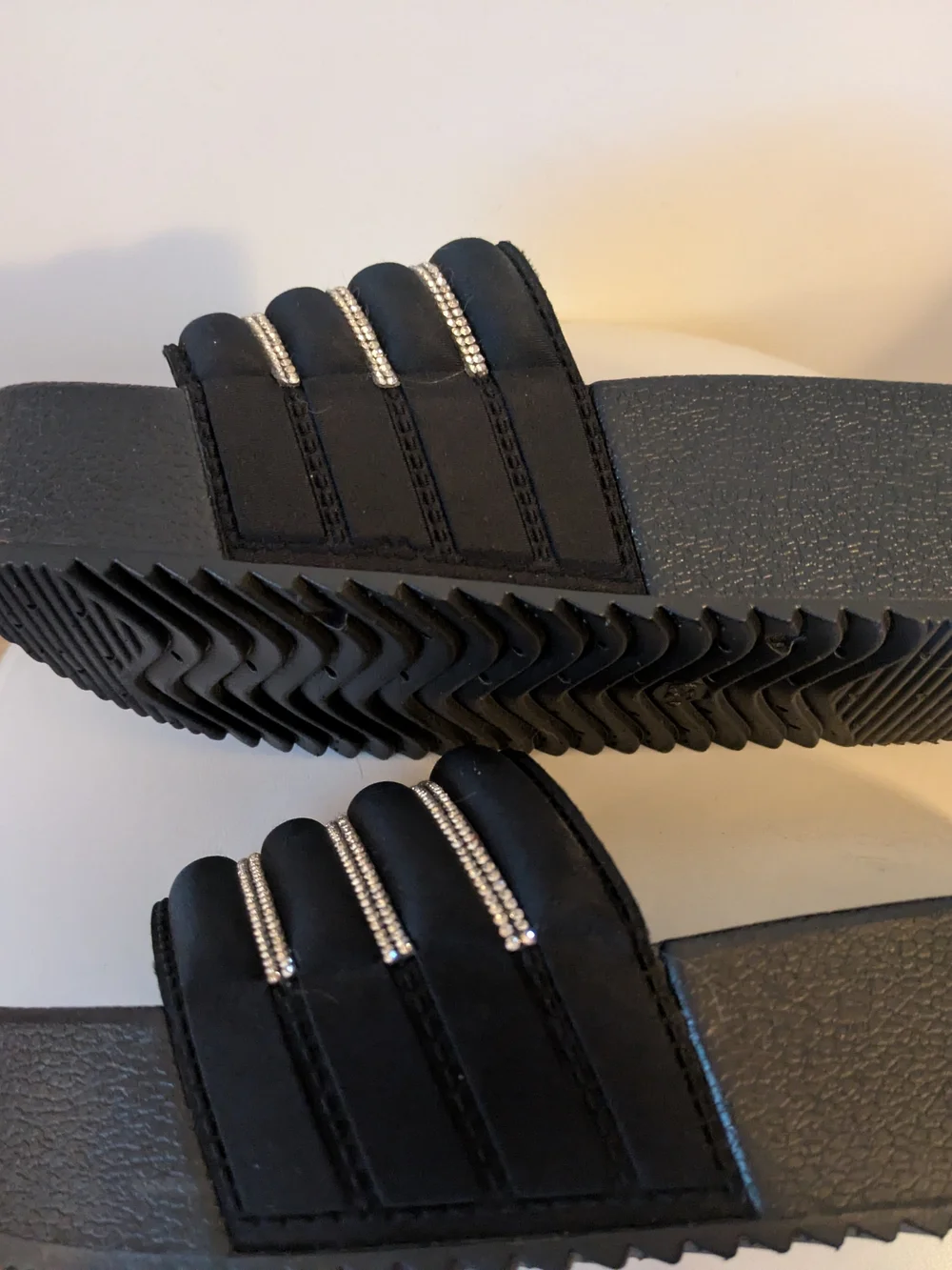 Like New Black Platform Slide Sandals with Rhinestone Straps
